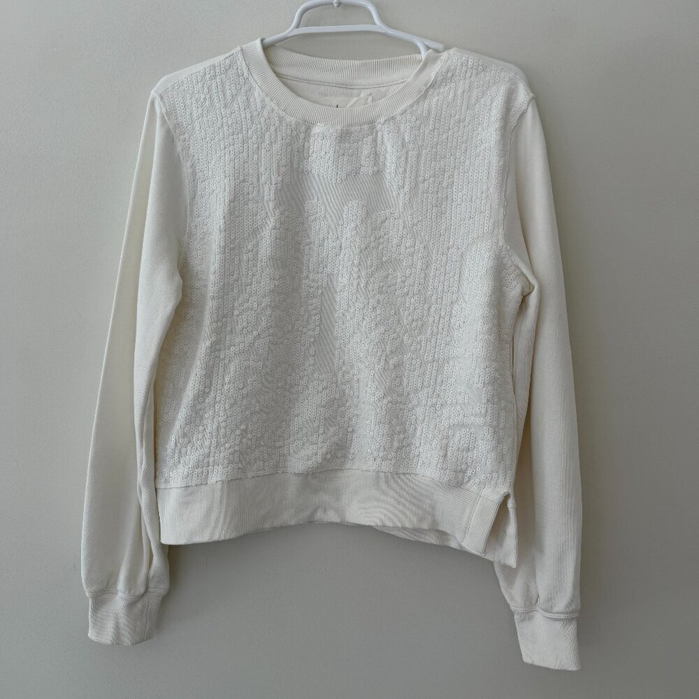 Anthropologie White Sequin Ribbed Long Sleeve Sweatshirt - Picture 2 of 5